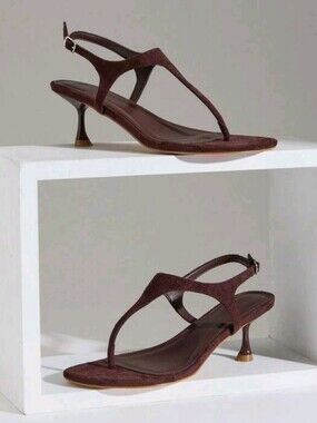Shuzia Faux Suede Thong Toe Slingback Sandals, 10, Brown